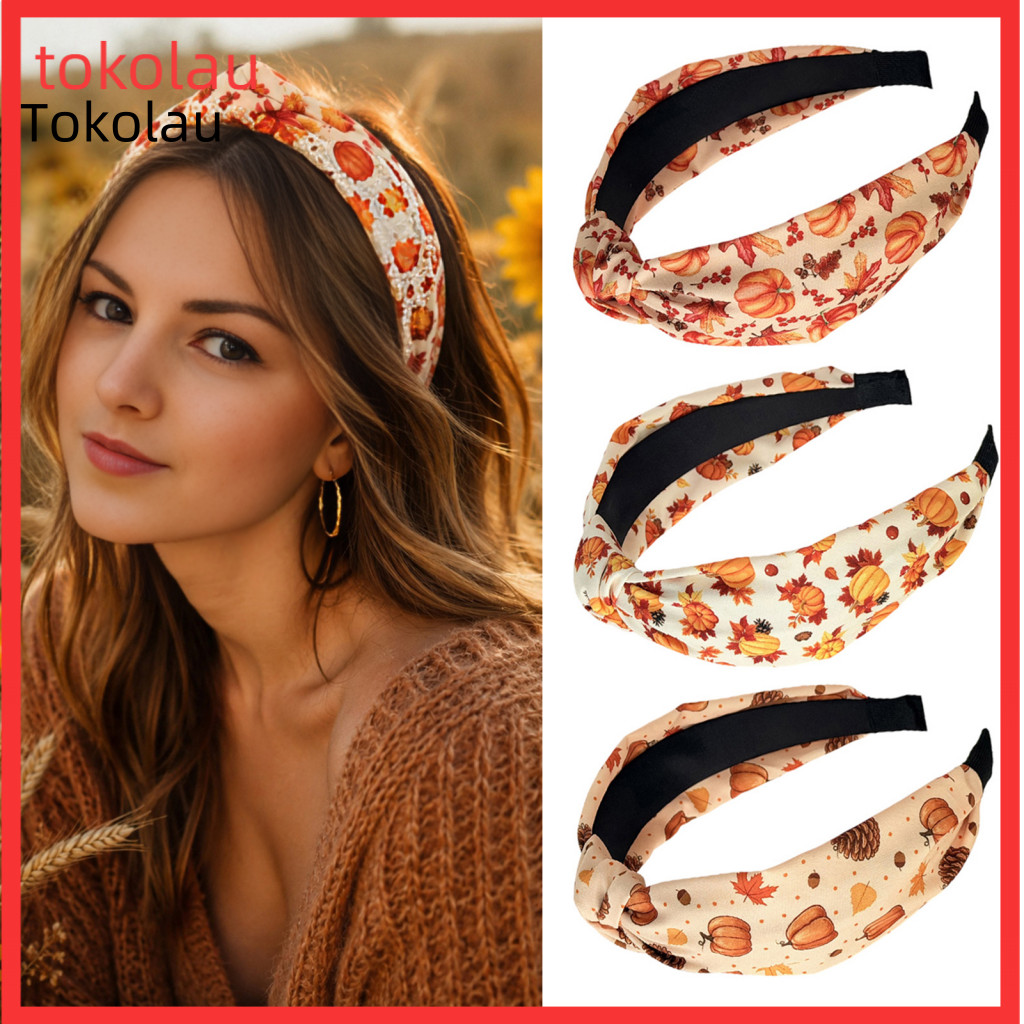 Autumn Headband for Women Fall Harvest Hair Accessories Knotted for – Pumpkin Maple Leaf Design Wide Brim Accessory fo