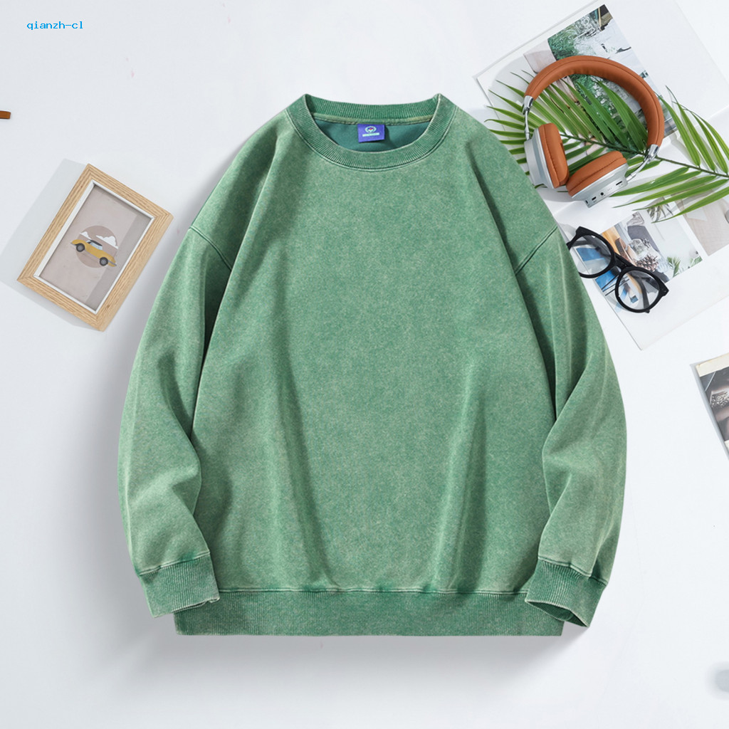 Round Neck Top Spring Autumn Unisex Fall Cotton Pullover Sweatshirt Distressed Design O Elastic Cuffs Hem Loose Fit Soli