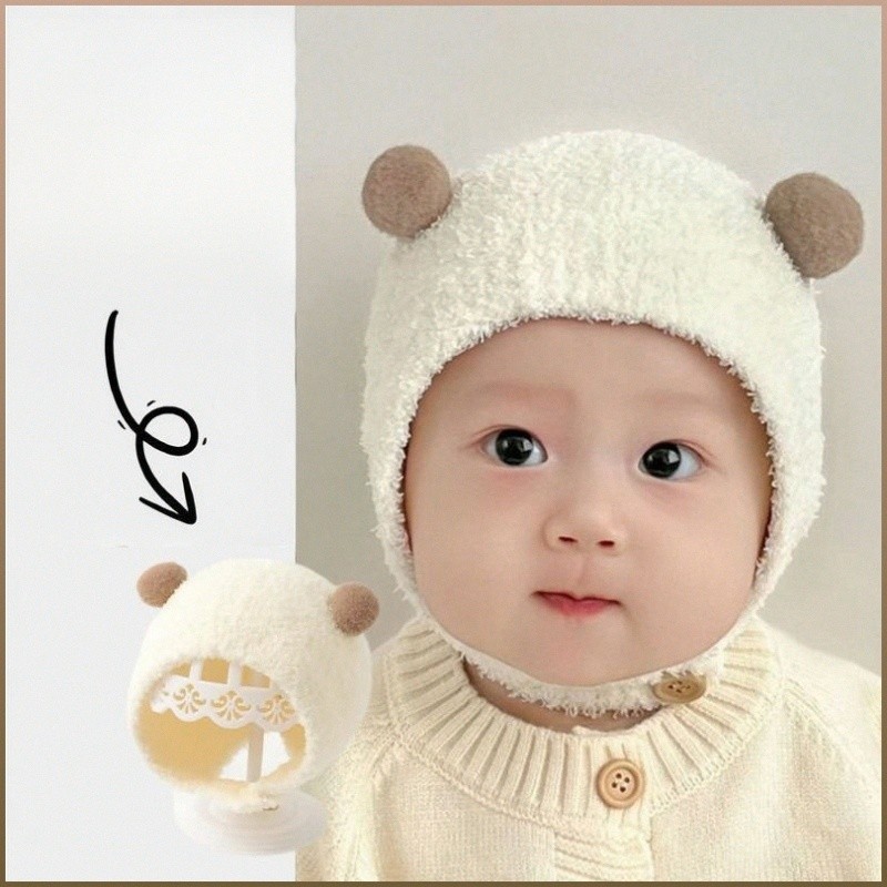 【Design Fofo】Baby ear protection wool cap baby cute ball cap fall and winter warm knitted cap Bebê/Proteção/Tricô/Quente