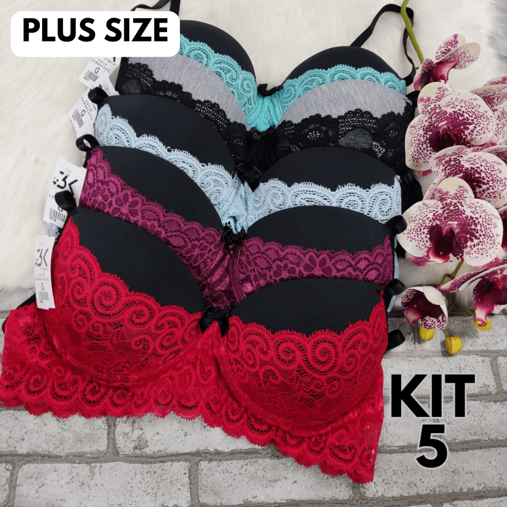 Kit 5 Sutiã Plus Size Com Bojo Sutian Pala Renda Aro Metal Luxo (5 SOMBREADO)