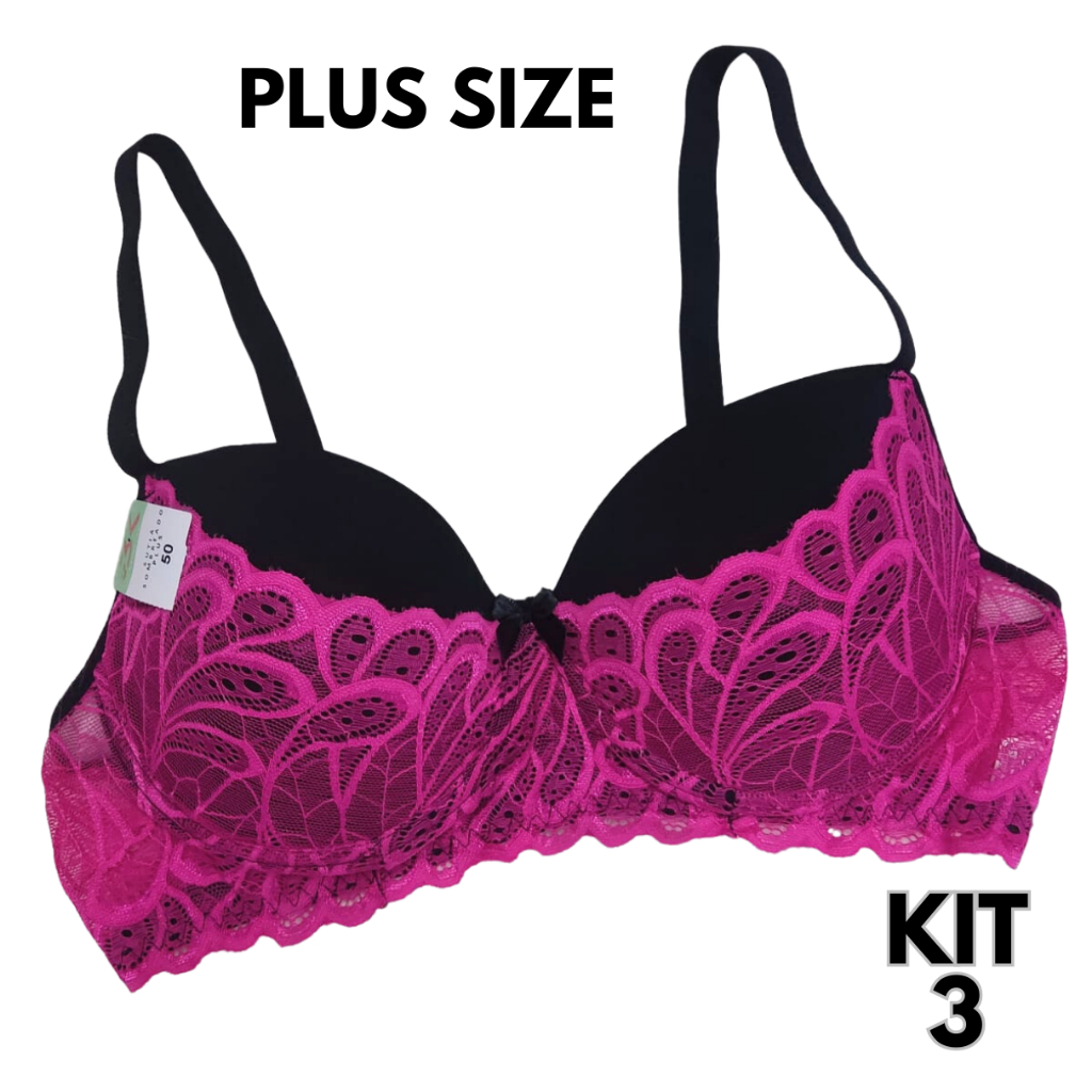 Kit 3 Sutiã Plus Size Com Bojo Sutian Pala Renda Aro Metal Luxo (3 SOMBREADO)