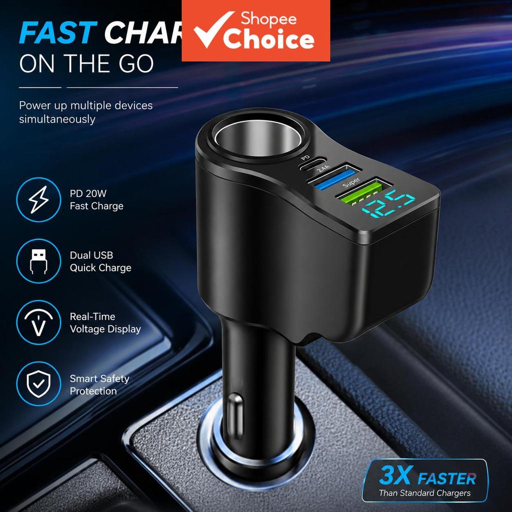 Carregador Veicular USB PD 66W com 4 Portas e Display Digital, Carregamento Rápido 3.1A para iPhone e Huawei