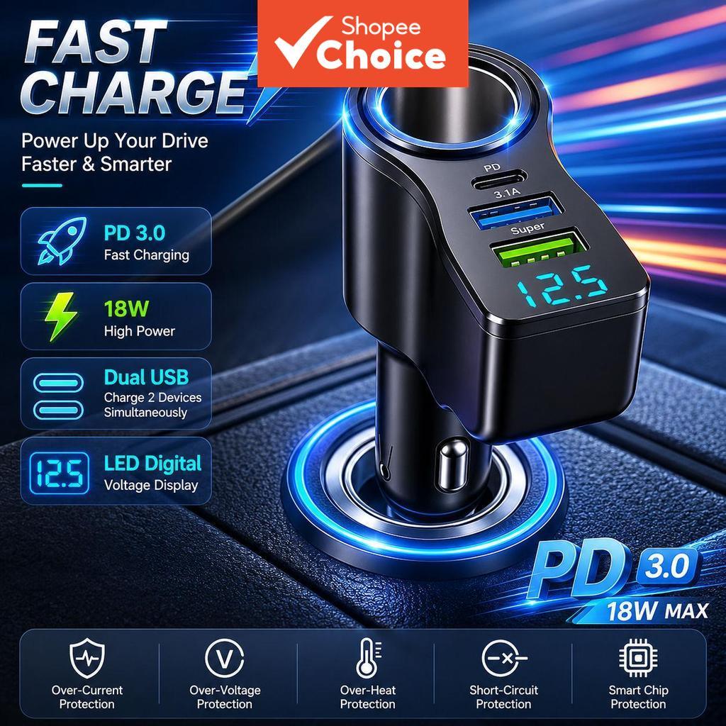 Isqueiro Veicular Multifuncional 66W com 4 Portas, 3.1A, Carregador Rápido USB Duplo PD para iPhone e Huawei