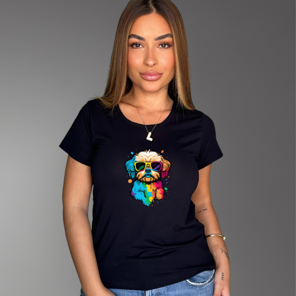 Blusa feminina baby look estampada Shih tzu em aquarela