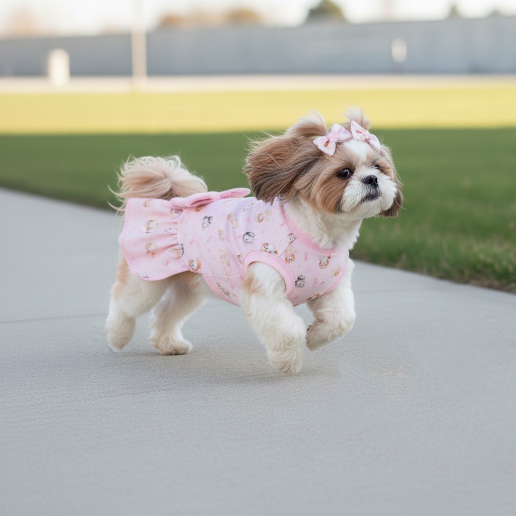 Vestidinho Para Pet Estampada Shih Tzu Rosa Laço Detalhe em Babado Fêmea Porte Pequeno Verão Premium
