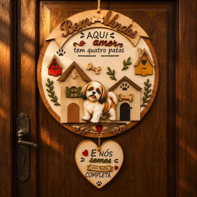 Guirlanda Bem-vindos Shih Tzu Artesanal 40 cm em MDF | Pintada à Mão | Decoração para Porta