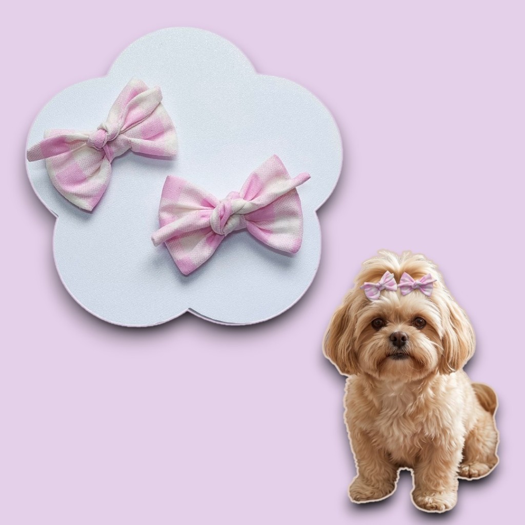 Par De Laço Pet Xadrez Rosa Presilha Penteado Cachorro Fêmea Shih Tzu Spitz Yorkshire