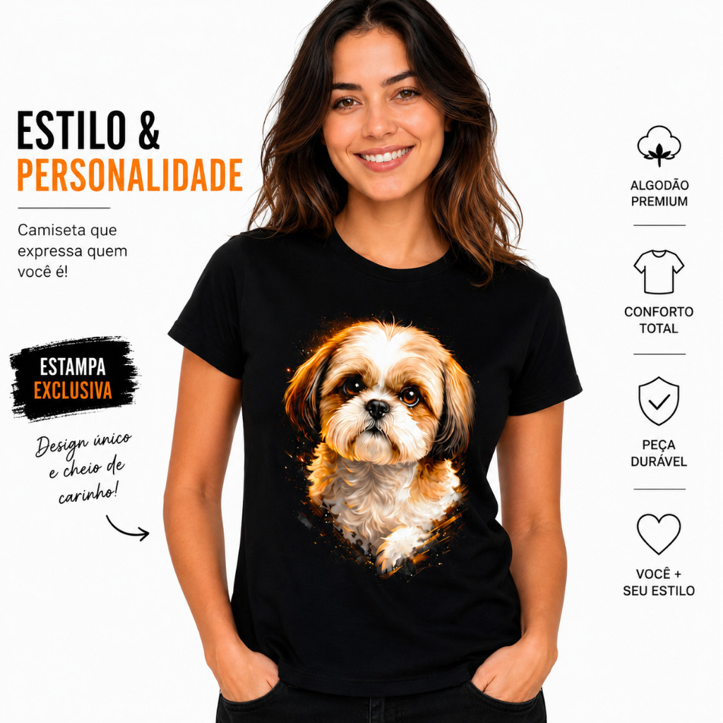 Camiseta PET Shih Tzu Masculina e Feminina Estampa Exclusiva Cachorro Pet Premium 100% Algodão