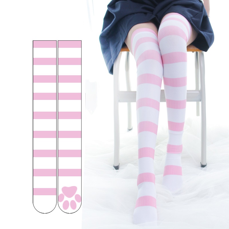 Lolita Sobre Meias De Joelho Rosa Faixa Kawaii Cat Paw Print Gótico Veludo O Longas JK