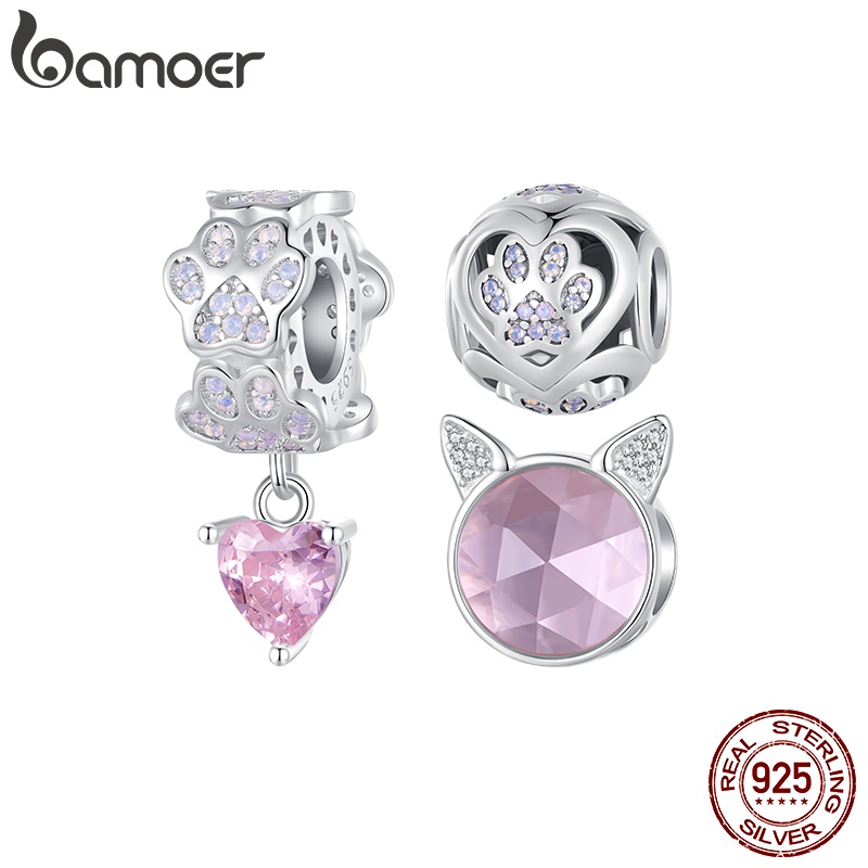 Bamoer 925 Silver Sterling Pink Paw Print Pendant E Beads DIY Fashion Jewellery Para Presentes De Aniversário Feminino