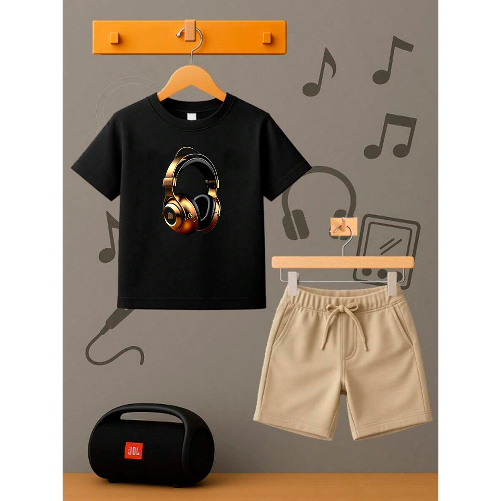 Conjunto Infantil Camiseta + Short Safari FONE DOURADO Moda Teen Kids Bolso Lateral