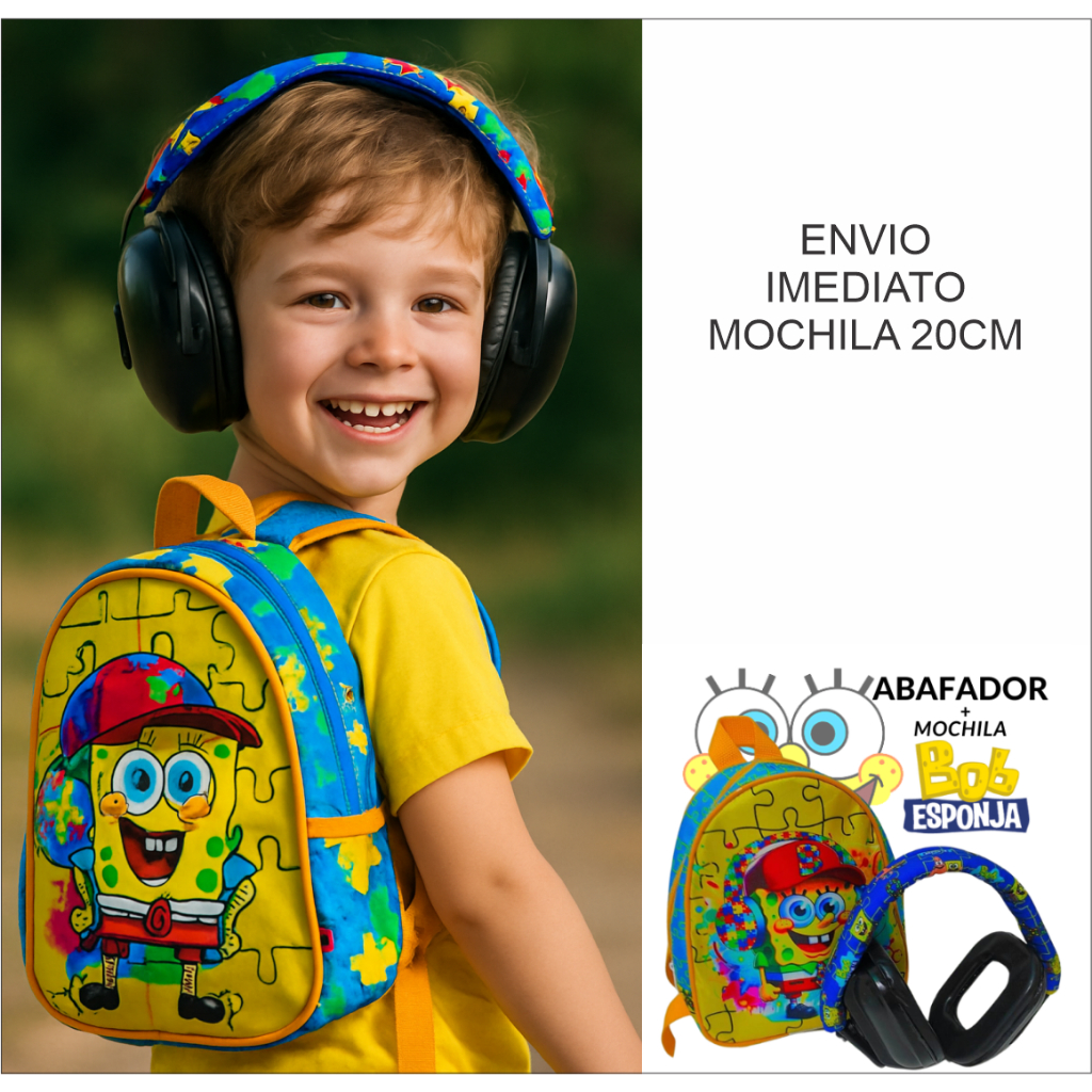 KIT Abafador acolchoado Bob esponja autista + Mochila protetor ruídos auricular fone abafador