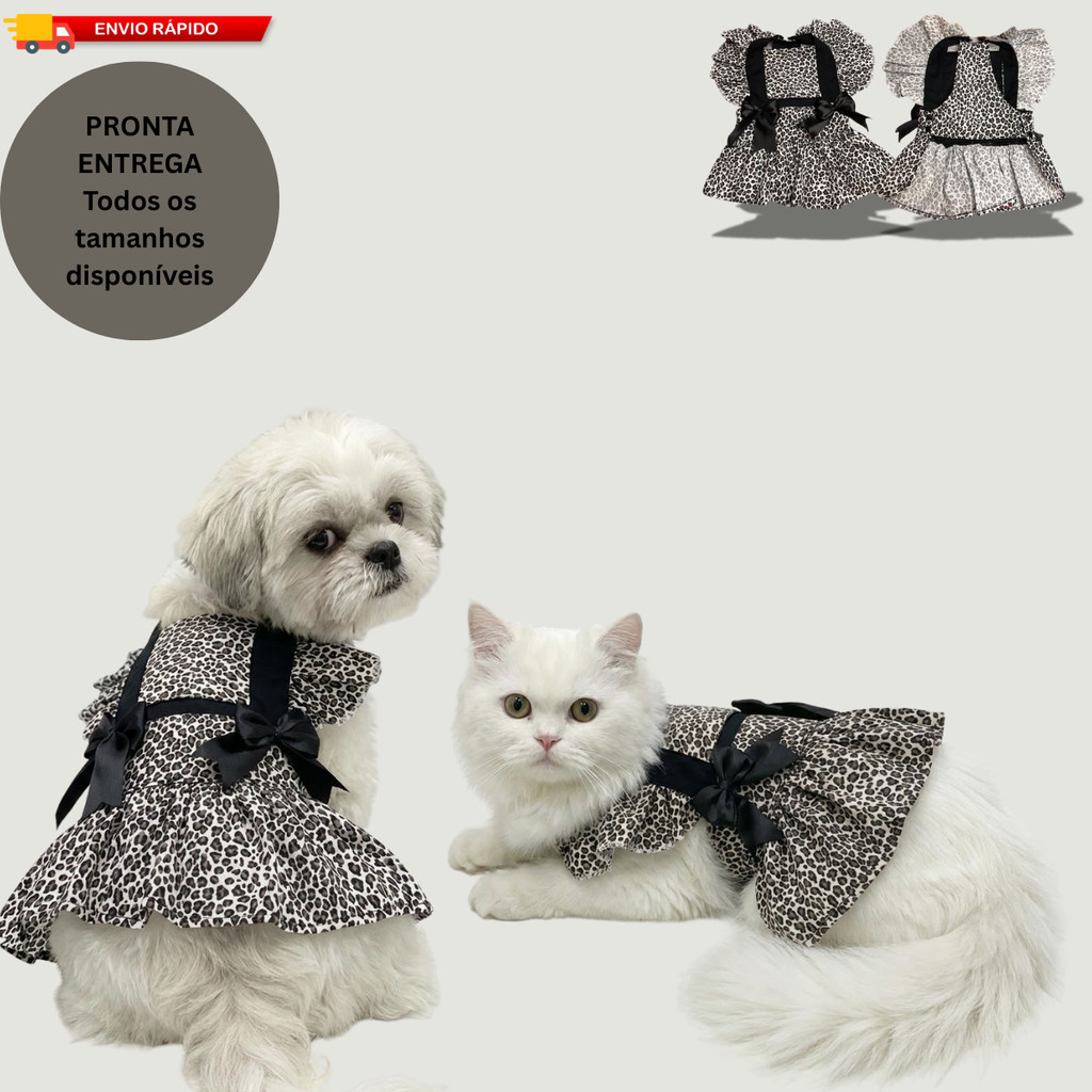 Roupa Pet Vestido Jardineira Estampa Onça Animal Print | Laço Ajustável Cães e Gatos Fêmea Moda