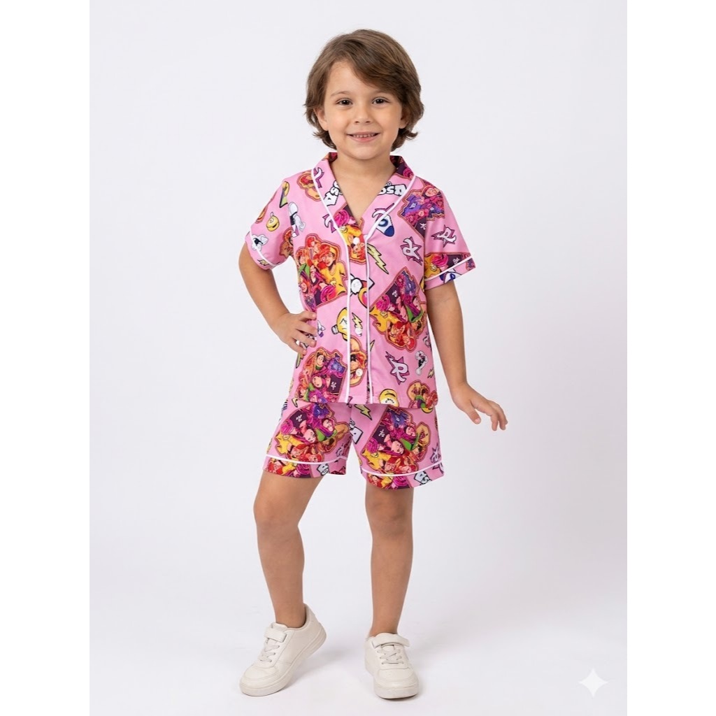 Pijama Americano Infantil Os Rosa- Conjunto Short e Blusa em Suede Premium l Alta Qualidade l Não desbota
