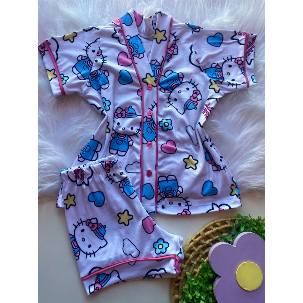 Pijama Americano Infantil Hello Kiitty Branco - Coração, Estrela , Nuvem- Suede Premium- Pijamadaz