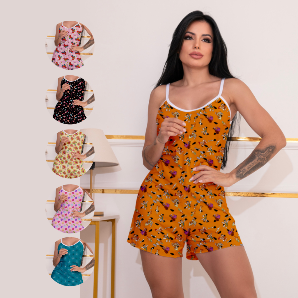 Pijama Macaquinho Feminino Virgínia Suede Premium Confortável Fresquinho Noite Dormir 2