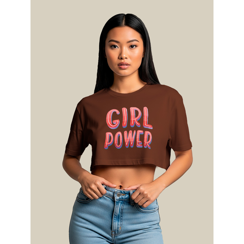 Cropped Feminino Elegante Ombro Caído Girl Power Treino Gym Blogueira Tendencia Farm PlusSize Preto Marrom 100% Algodão