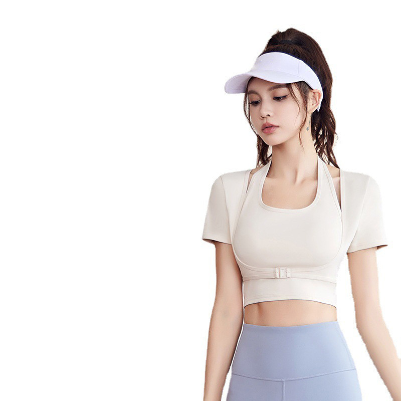 [Estoque pronto] Sutiã sem desgaste Roupas de Fitness Halter Neck Roupas de ioga Tops de manga curta Skinny Sports Mulhe