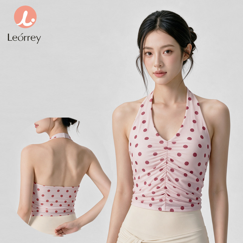 Leorrey-Halter Neck Yoga Regata Ruched Frente Copo Fixo Impresso Cami Pilates Workout Crop Top