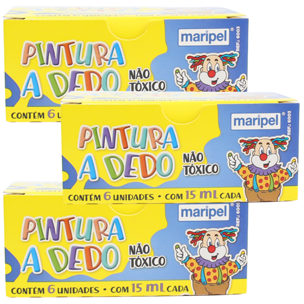 kit 03 Tintas pintura a dedo infantil Maripel 06 cores cada não tóxico escolar
