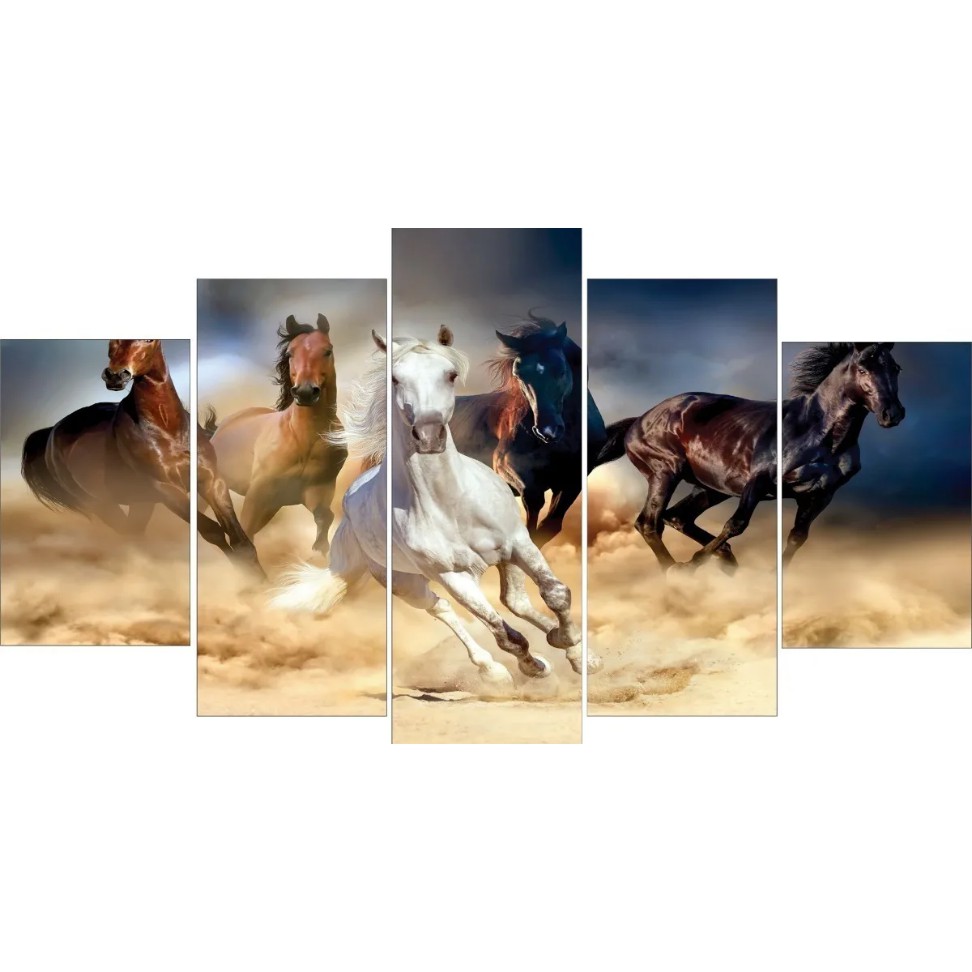 Quadro Mosaico 5 Partes Cavalos Ultra Hd 4k Mdf 3mm
