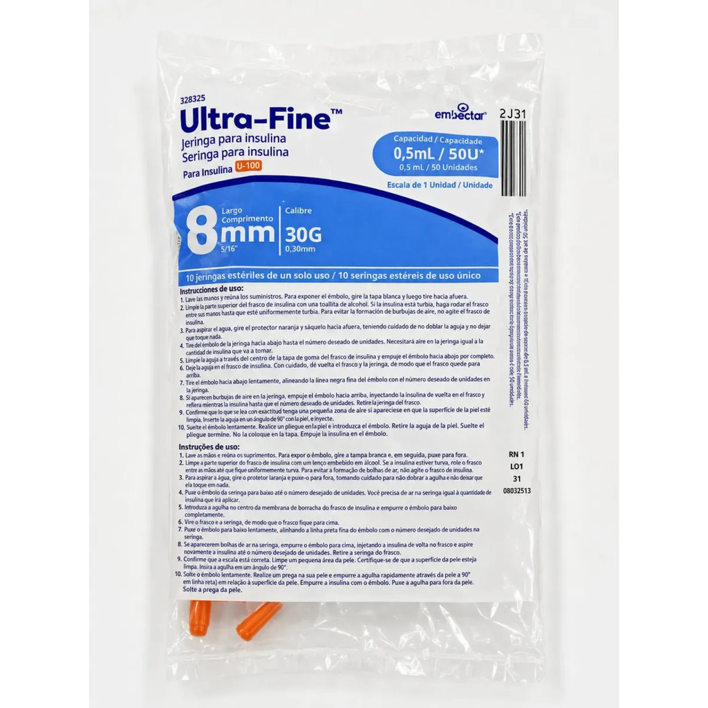 Seringa Ultra Fine Para Insulina 8mm 50ui 8x0,3mm C/10 Unidades Embecta