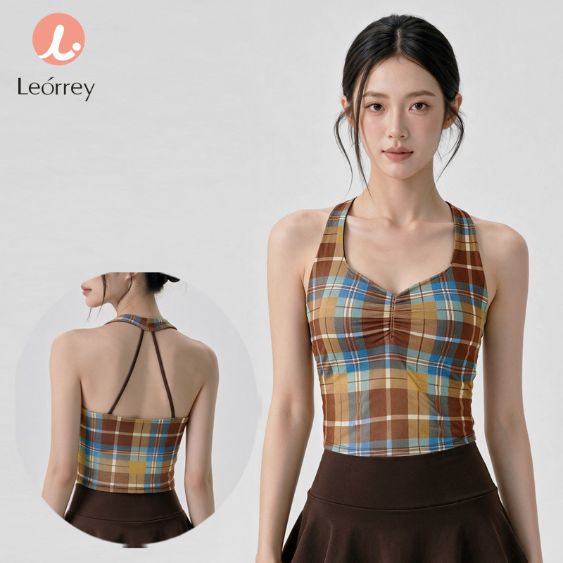 Leorrey-Yoga Regata Sutiã Embutido Halter Neck Backless Cami Gym Pilates Workout Crop Top