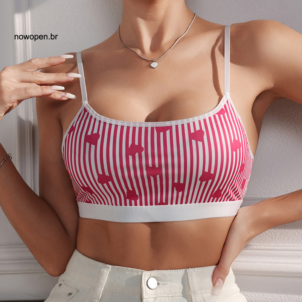 Seamless Base Layer Vest High Elasticity Women’s Sport Heart Stripe Print Spaghetti Strap Padded Cropped Top Backless