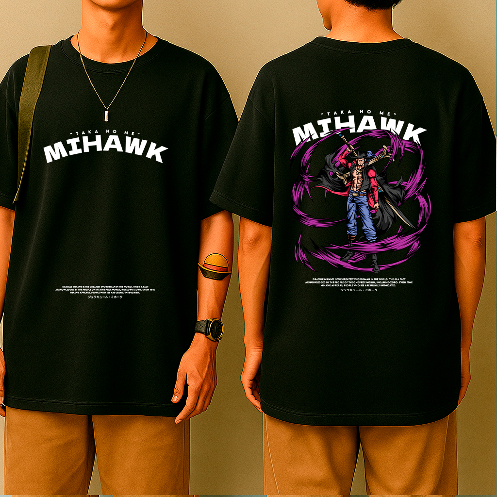 Camiseta Oversized Olhos de Falcão – One Pirata, Estilo Mangá, Algodão Premium, Geek, Otaku, Man, Espadachim, Mihawk