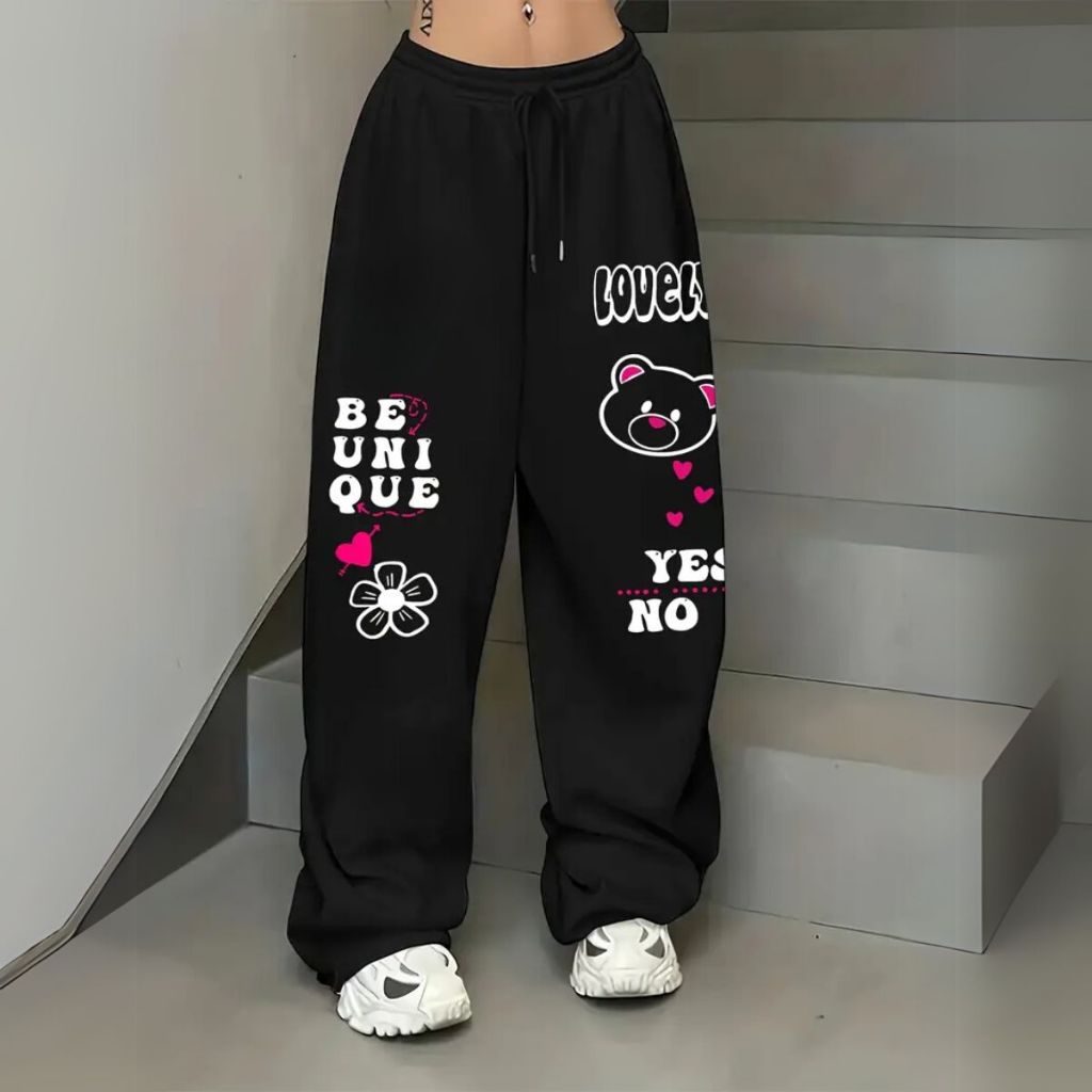 Calça Wide Baggy Estilosa Modelo Despojado Sem Punhos Lovely Bear Tecido Algodão Premium Flanelado
