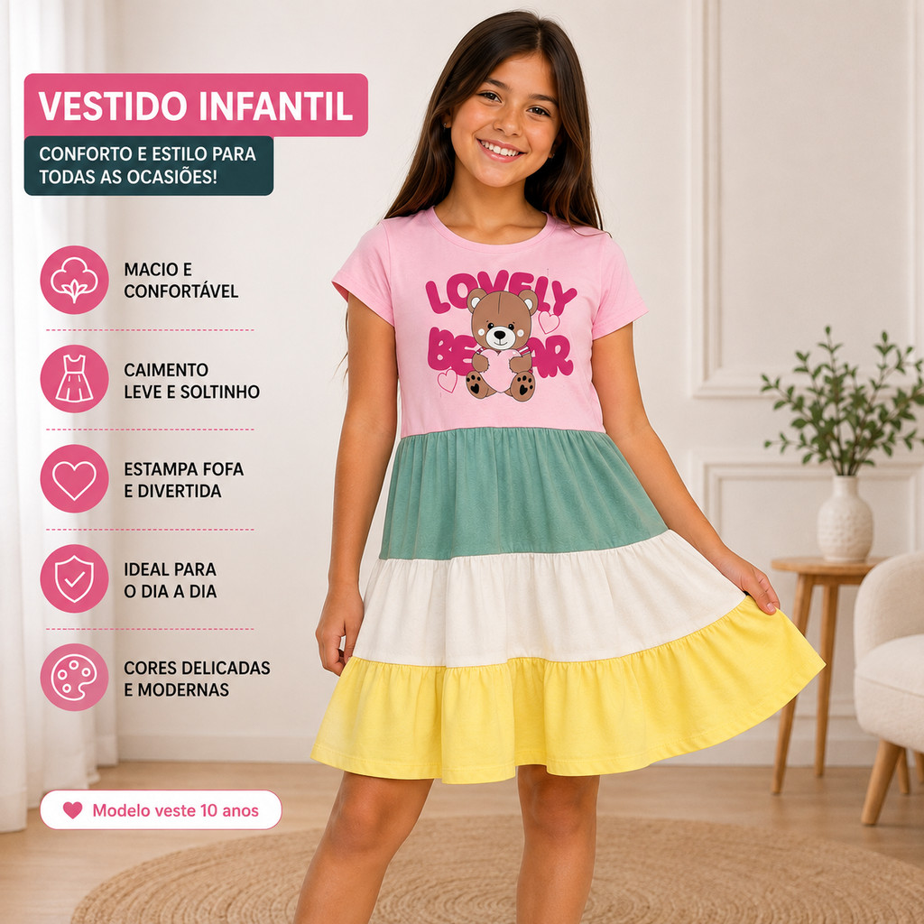Vestido Infantil Menina Manga Curta Lovely Bear Ursinho Verão Colorido 2 ao 12 Anos