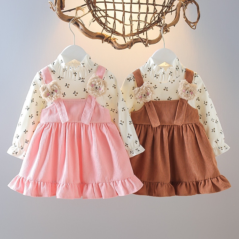 1-6 Anos Kid Girl Long Sleeve Dress Floral Lovely Bear Plain Cor Vestido De Bombazina Fahsion Estilo Fofo Fotografia Casual