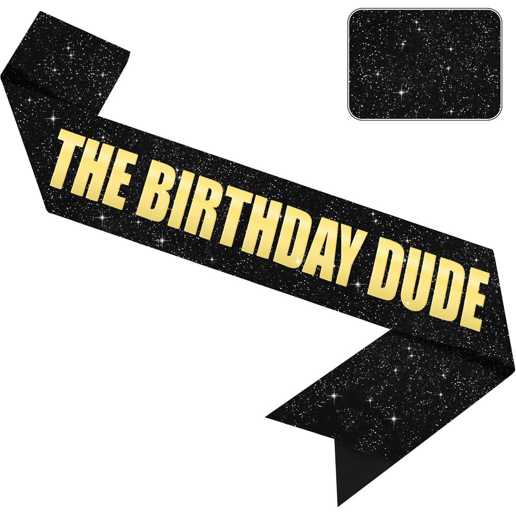 Vuzvuv Glitter Black The Birthday Dude Sash with Gold Foil Letter for Men and Boys, Funny Party Decorations for Boyfrien