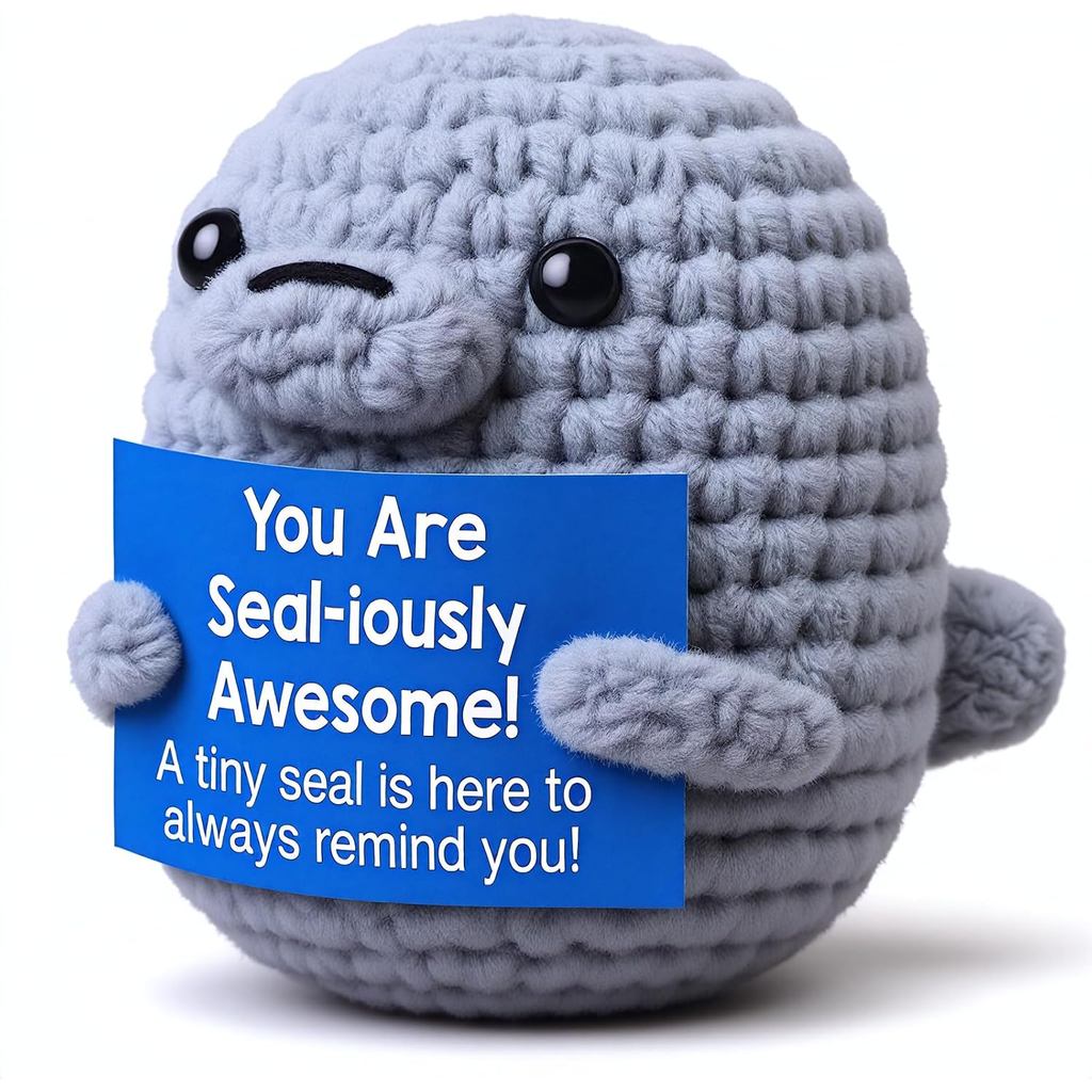 Crochet Seal Positive Gift for Dad from Daughter Son Handmade Emotional Support Crochet Funny Pun Card Desk Decor Father