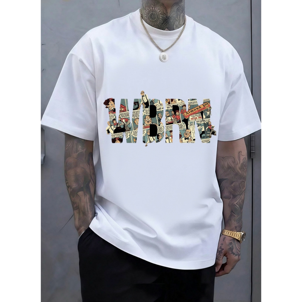 Funny cartoon letter impresso T-shirt, versátil algodão manga curta