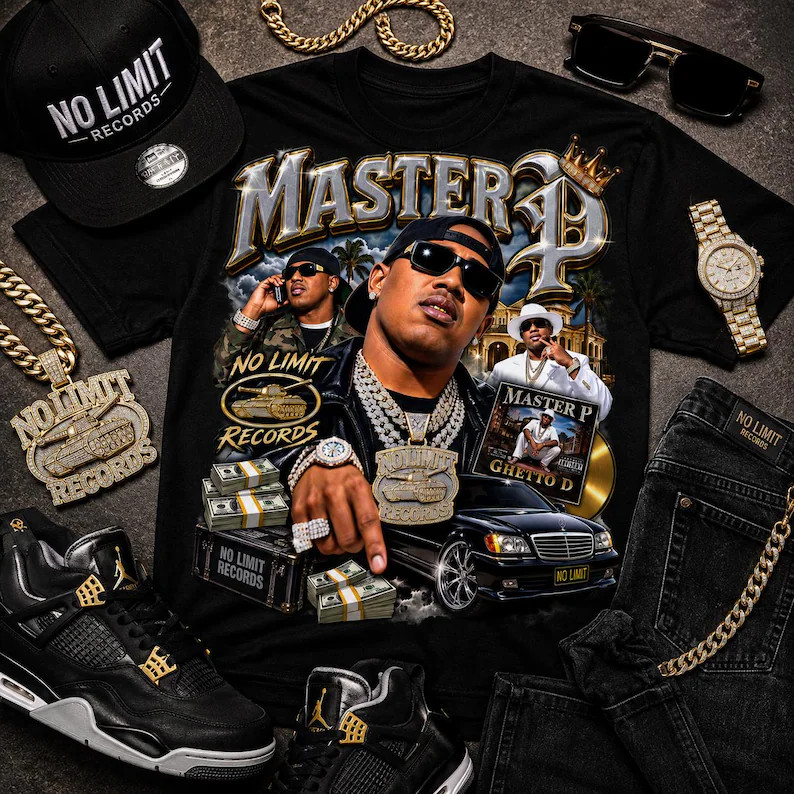 Camiseta Master P No Limit Records, Estampa Rap Vintage De Anos 90 Com Rapper, Correntes De Ouro, Pilhas De Dinheiro, Ca
