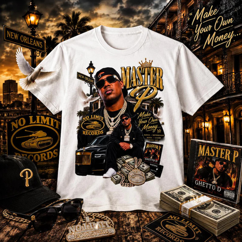 Camiseta Master P Rap Retrô, Estampa No Limit Records Nova Orleans, Cor Branca, Manga Curta, Tecido De Algodão, Uso Casu