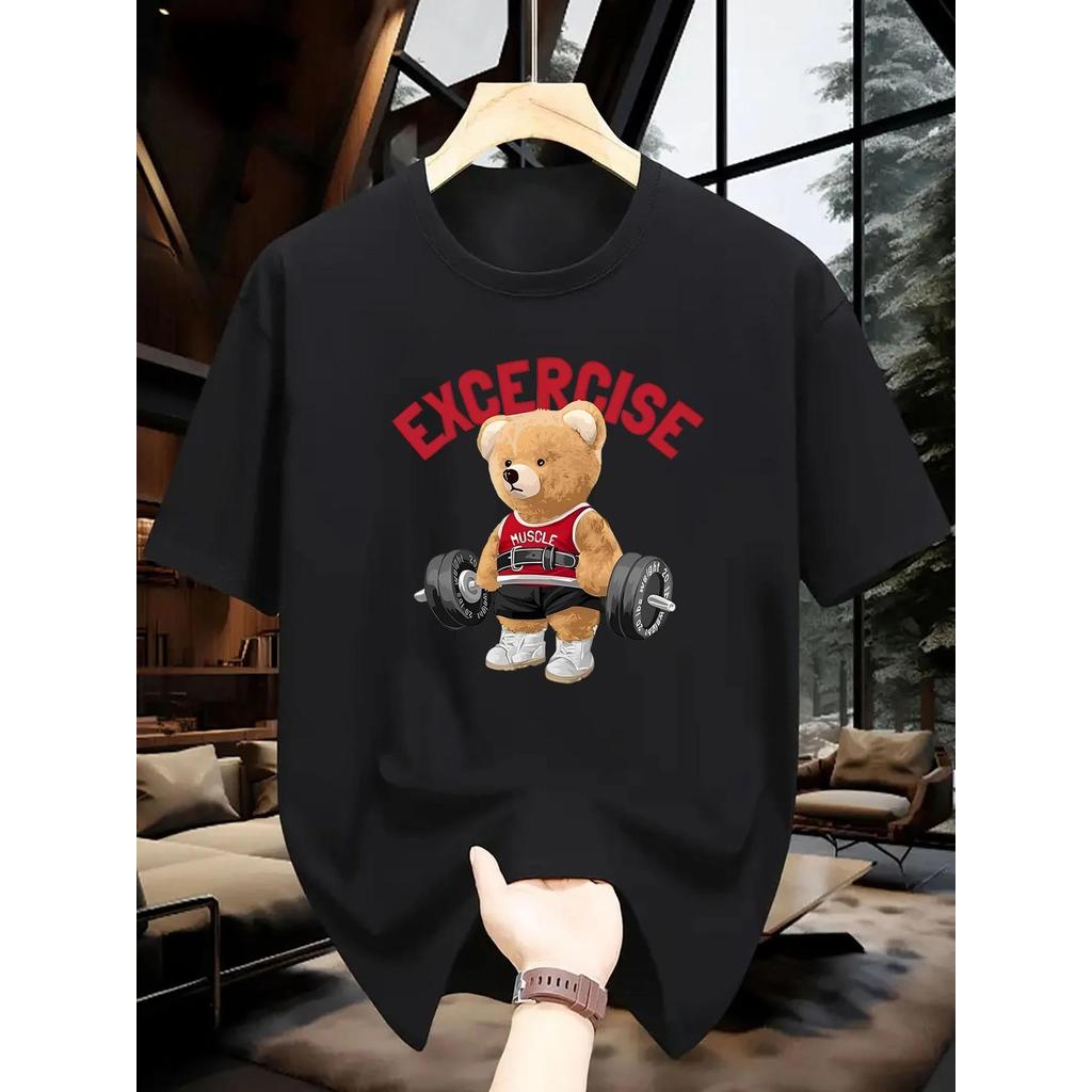Camiseta Masculina Streetwear Algodão Penteado Infantil Adulto Plus Size Estampa Urso Exercise TReino Academia Moda