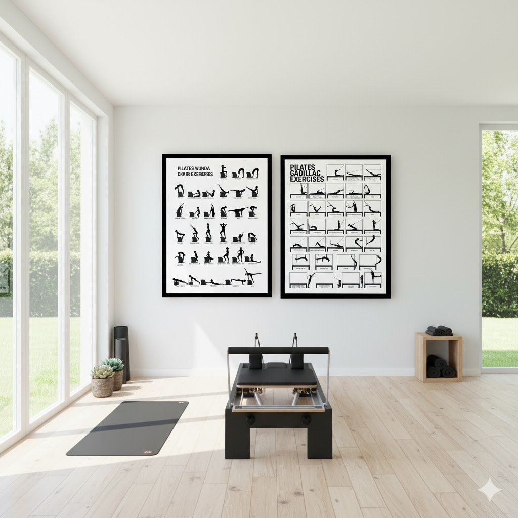 Quadro exercícios de Pilates Wunda Chair aparelho Cadillac pilates wunda chair exercises PLNV