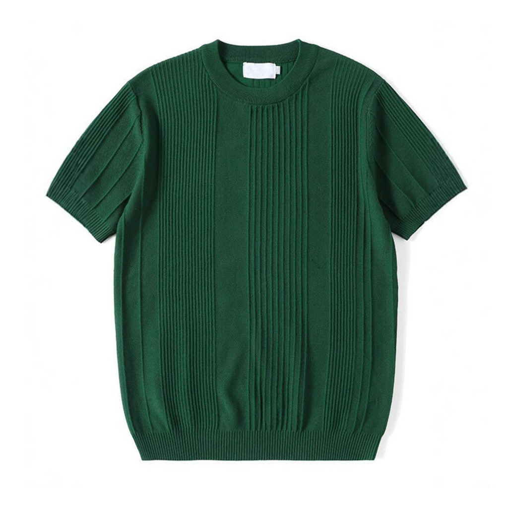 Knitted Fabric Tee Solid Color Shirt Summer Women’s Striped T-shirt Stretchy Short Sleeve Round Neck Top Gym Exercise