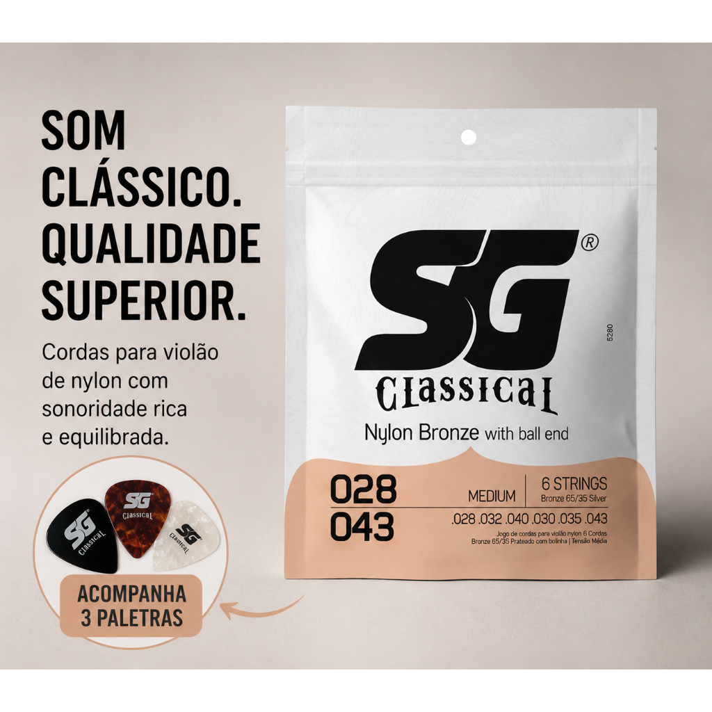 Jogo de Cordas para Violão Nylon SG Classical Bronze Ball End Tensão Média 6 Cordas