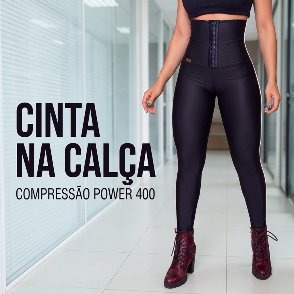 Legging de Compressão Feminina Cós Alto Cinta Modeladora Malha Encerada Fosca Preta Modela a Barriga