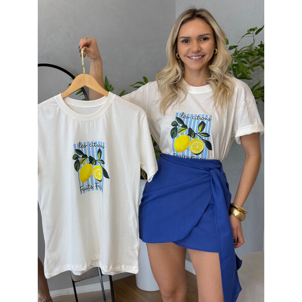 Camiseta Feminina Estampa de Limão Oversized Algodão Premium Moda Verão Casual Trendy