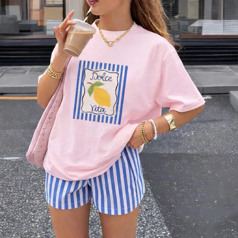 Camiseta Feminina Dolce Vita Limão Oversized Algodão 100% Premium Estampa Itália Verão Casual Trendy Streetwear