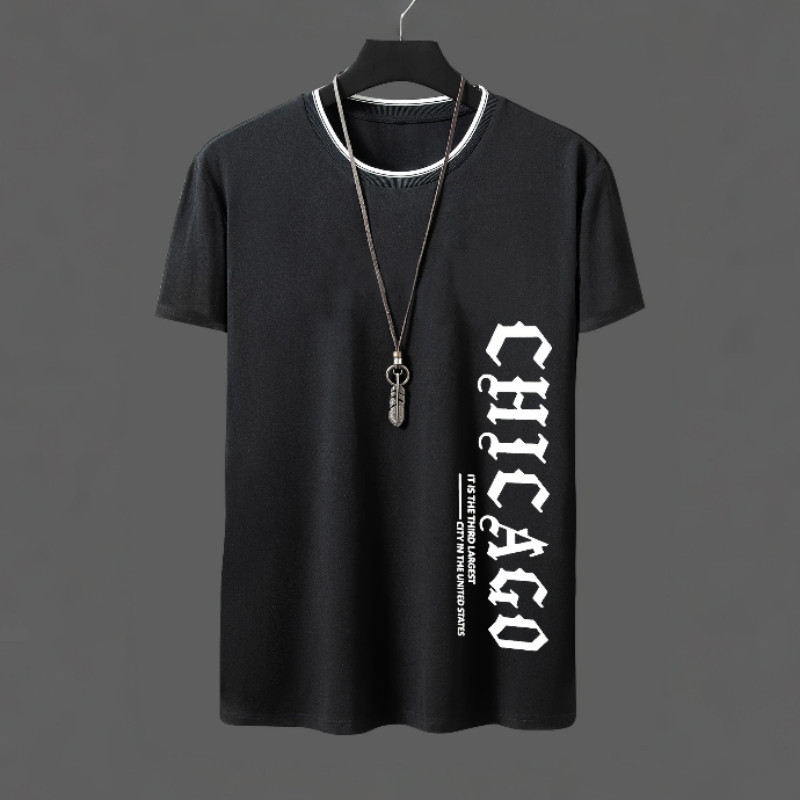 Men'S Casual Short Sleeve, Summer Hot Item CHICAGO Letter Print - Comfortable And Breathable