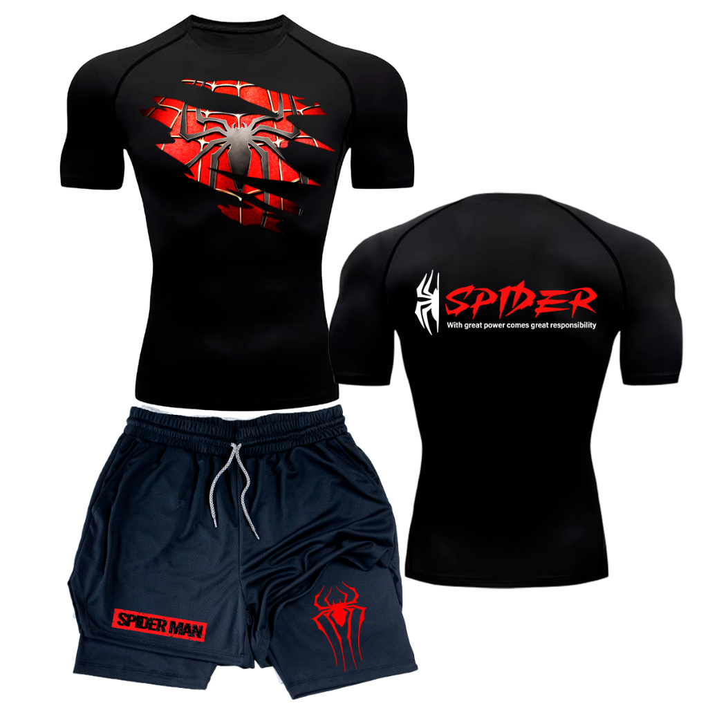 Kit Conjunto Camiseta e Short Compressão Dry-Fit Esportivo GYM Homem Aranha Spider Man Desenho Filme