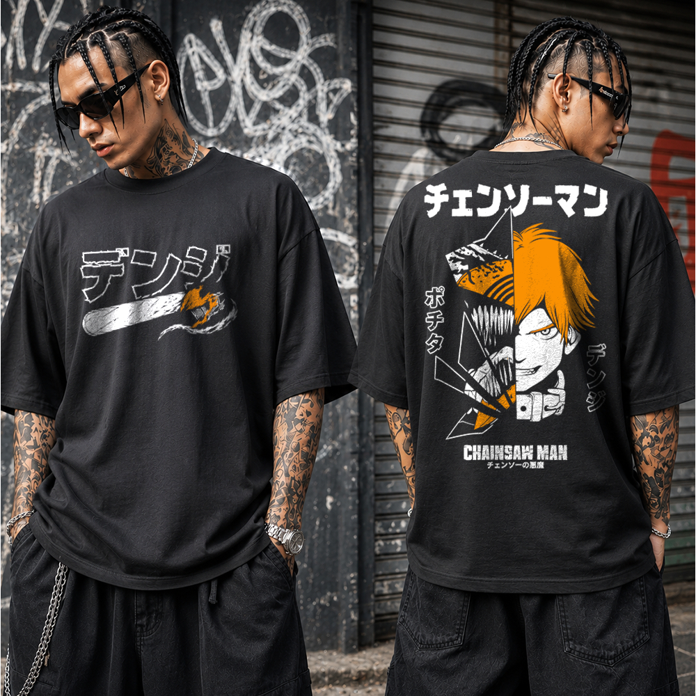 Camiseta Basica e OVERSIZED Denji Pochita Metal Skull Chainsaw Man Devil Safety Public Anime Gym y2K