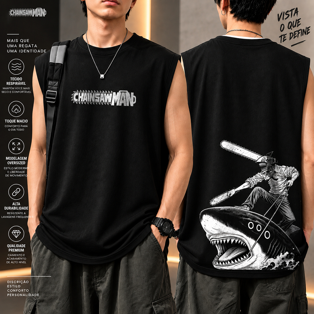 Camiseta Regata Machao Muscle Tee Denji Pochita Shark Chainsaw Man Anime Gym Unissex