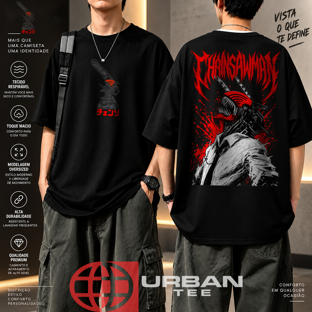 Camiseta Basica e OVERSIZED Chainsaw Man Denji Pochita Metal Grunge Devil Anime Gym Unissex