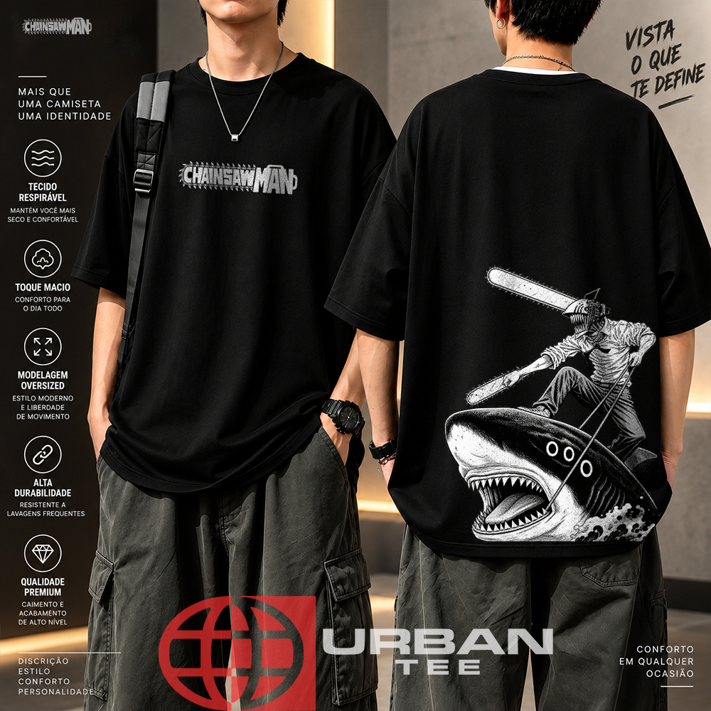 Camiseta Basica e OVERSIZED  Chainsaw Man Denji Pochita Shark Devil Young Man Anime Gym Unissex